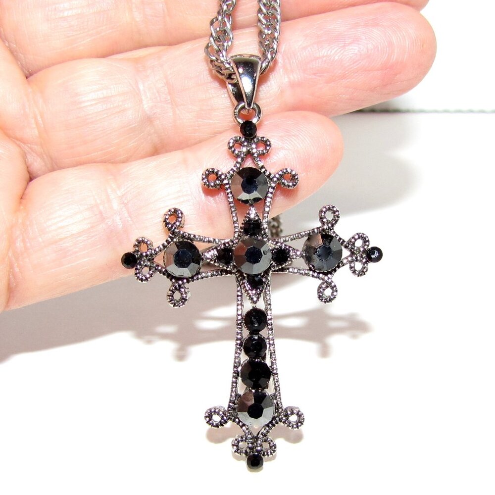 Goth Black Crystal Cross, Milor Stainless Chain